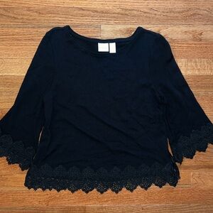 Chico’s Women’s Black Lace Trim Quarter Sleeve Blouse Size Petite 1